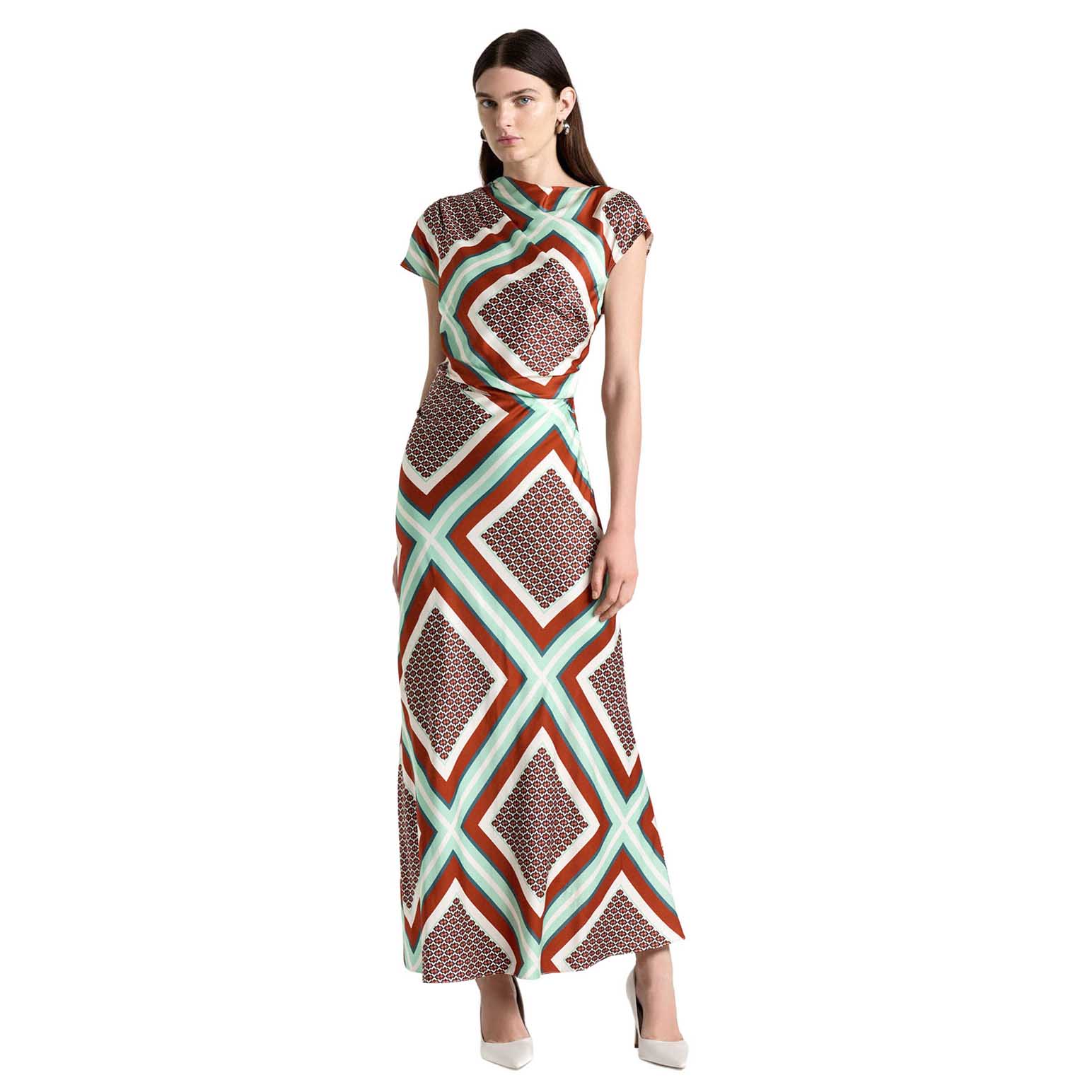 Cue Geo Tile Draped Neck Midi Dress